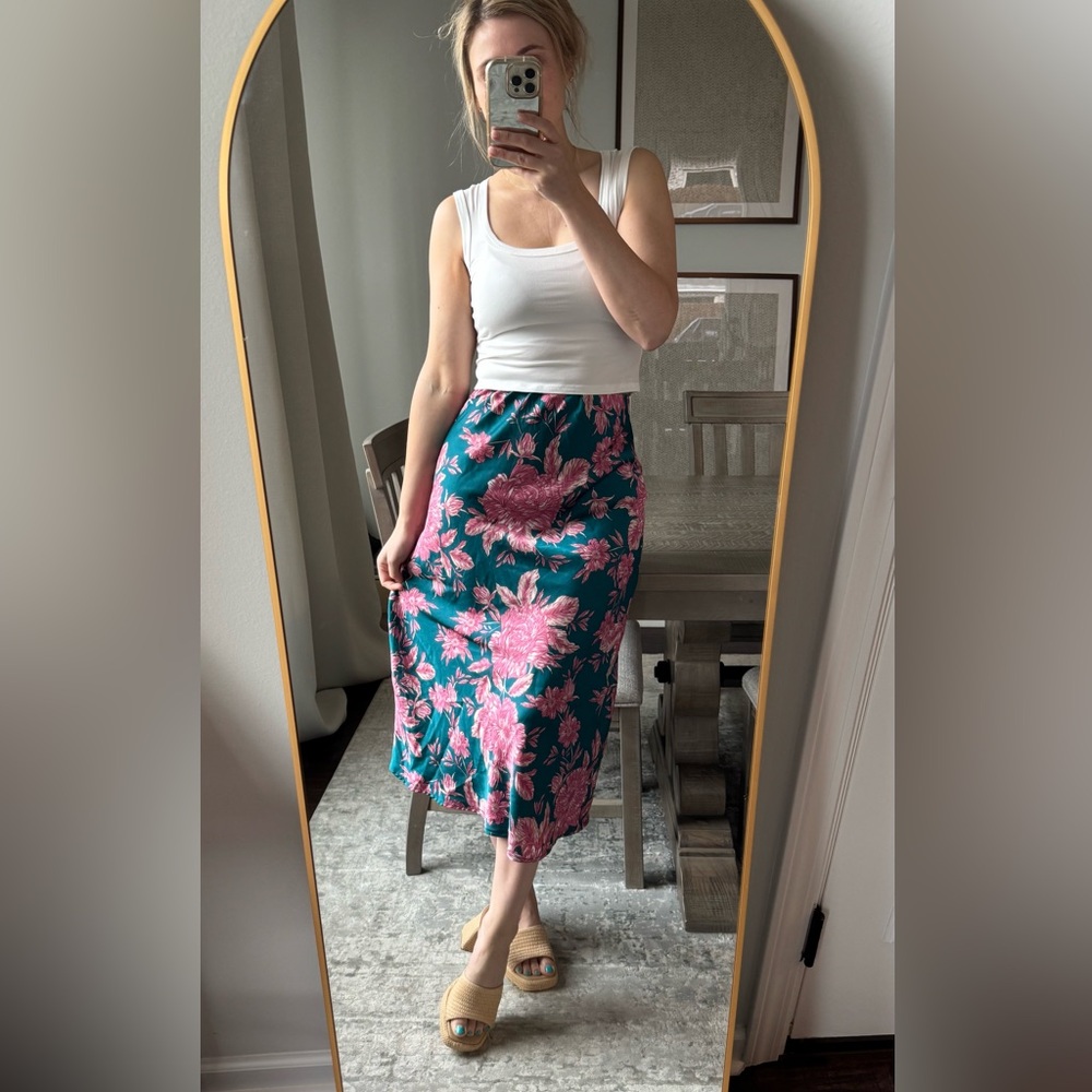 Floral Teal and Pink Midi Skirt - Picture 6 of 14